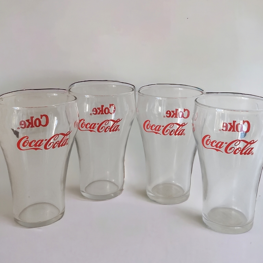 (4) Vintage Red Letter Coca Indiana Glass Cola Coke  Glasses 5" Tall